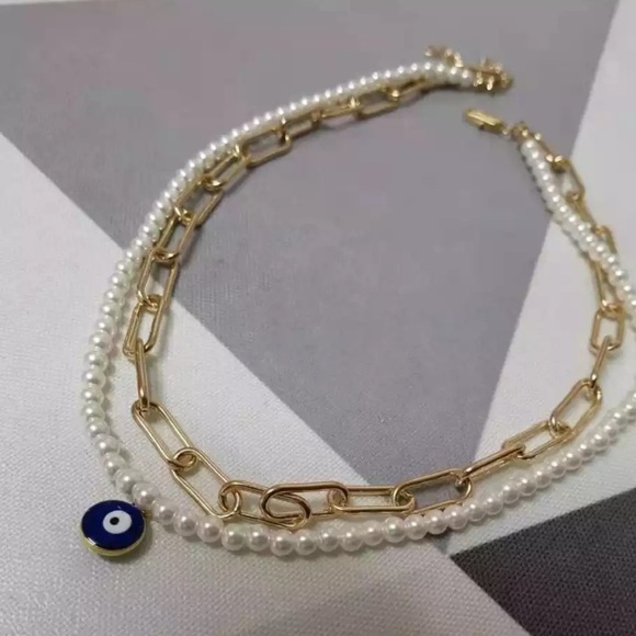 18k Gold Filled Evil Eye and Pearl Layered Choker Necklace - Picture 1 of 3